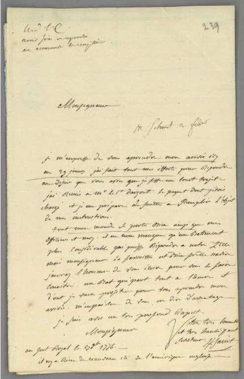 Lettre du comte de Kersaint qui annonce son arrivée à la Martinique avec la frégate la Favorite (3 novembre 1776)